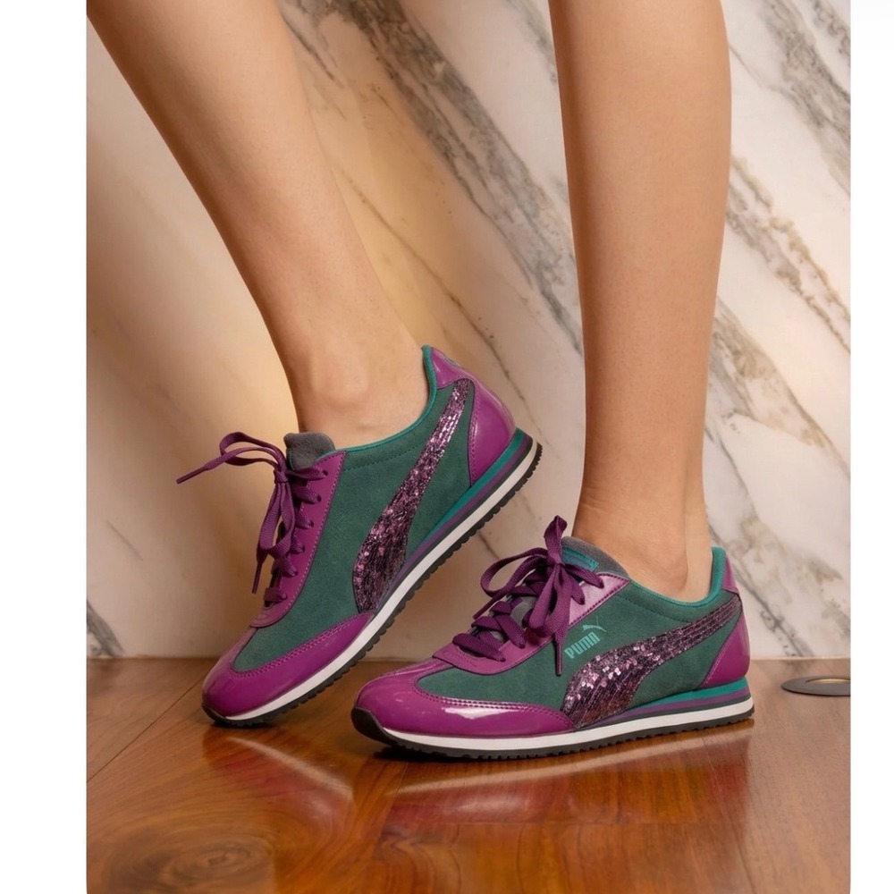 NEW PUMA Roma Wedge Sneakers Womens 8 Teal Purple Hidden Heel 356622 Y2K